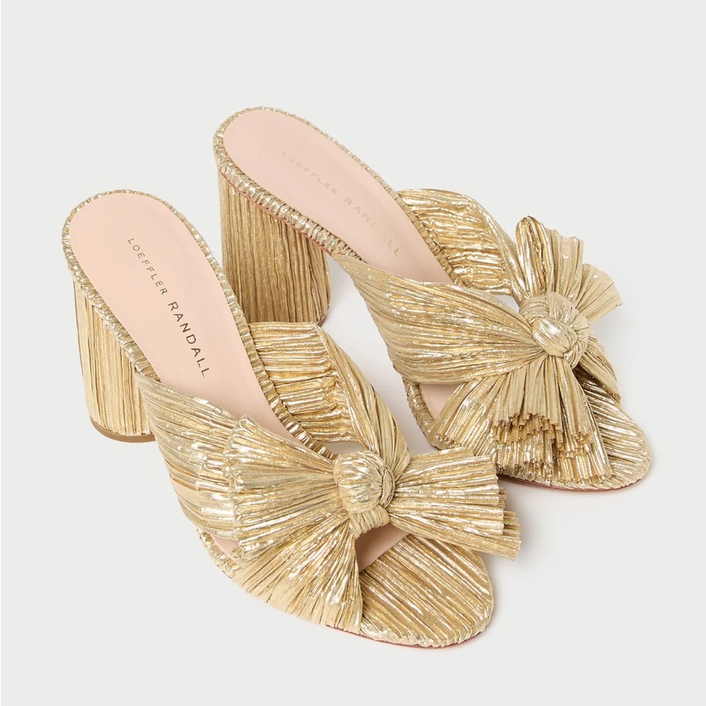NEVER WORN Loeffler Randall Penny Gold Pleated Bow Heel PRISTINE CONDITION